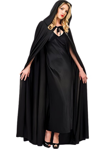 Siyah Kapüşonlu Cadı Pelerini 120 cm - Çocuk ve Yetişkin Halloween ve Parti Aksesuarı