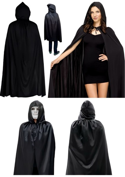 Siyah Kapüşonlu Cadı Pelerini 120 cm - Çocuk ve Yetişkin Halloween ve Parti Aksesuarı