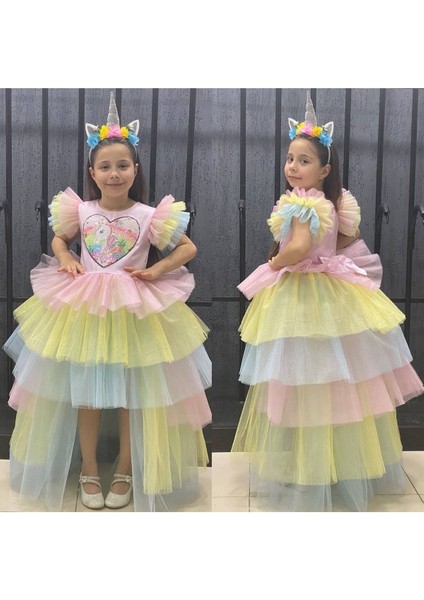 Pembe Kız Çocuk Unicorn Kostüm, Taçlı Prenses Tütü Elbise