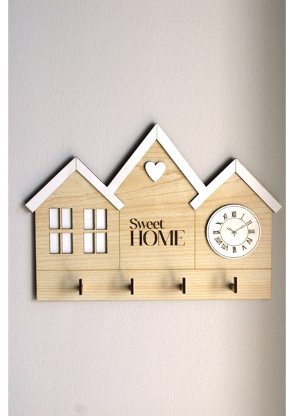 Ahşap Anahtarlık ve Askılık, Ev Dekorasyonu, Duvar Süs, Ekru Renk