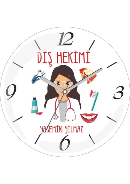 Kişiye Özel Diş Hekimi Çap 30 Bombeli Gerçek Cam Duvar Saati