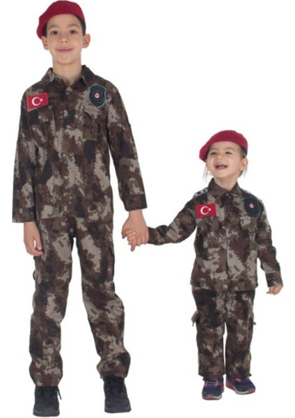Çocuklar Için Renkli Polis ve Asker Kostüm Takımı, Bordo Bere ile Tamamlanmış.