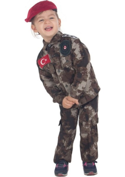 Çocuklar Için Renkli Polis ve Asker Kostüm Takımı, Bordo Bere ile Tamamlanmış. modelleri