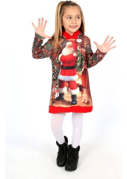 Kırmızı Noel Baba Baskılı Kapüşonlu Peluş Çocuk Elbisesi fiyatları