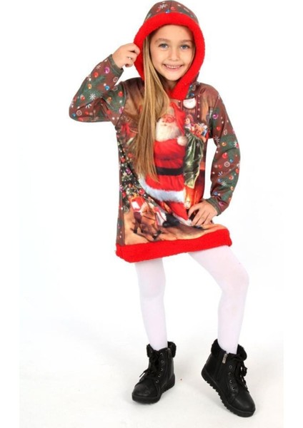 Kırmızı Noel Baba Baskılı Kapüşonlu Peluş Çocuk Elbisesi modelleri