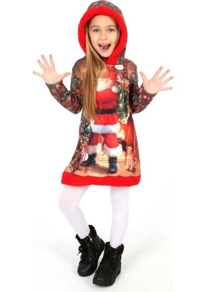 Kırmızı Noel Baba Baskılı Kapüşonlu Peluş Çocuk Elbisesi fırsatları