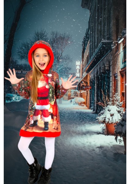 Kırmızı Noel Baba Baskılı Kapüşonlu Peluş Çocuk Elbisesi