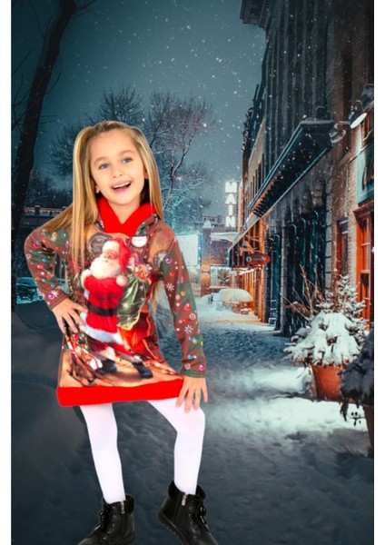 Kırmızı Noel Baba Baskılı Kapüşonlu Peluş Çocuk Elbisesi