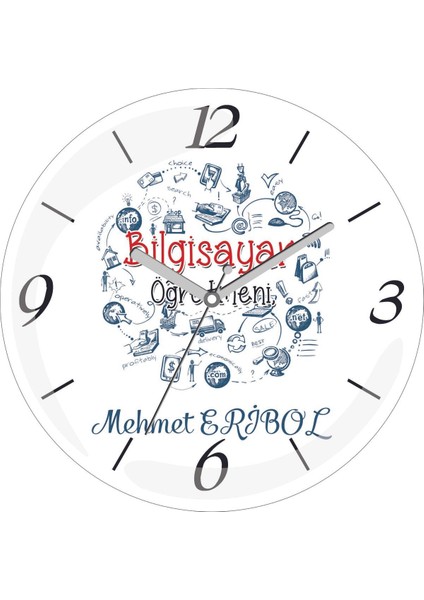Kişiye Özel Bilgisayar Öğretmeni Çap 30 Bombeli Gerçek Cam Duvar Saati