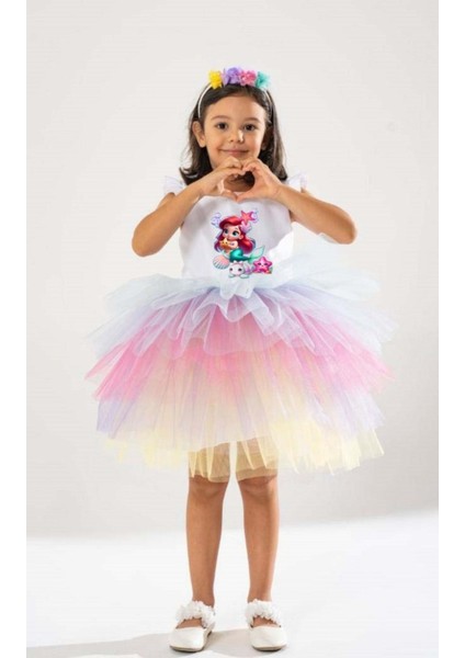 Renkli Deniz Kızı ve Yıldız Temalı Kız Çocuk Doğum Günü Elbisesi & Parti Kostümü