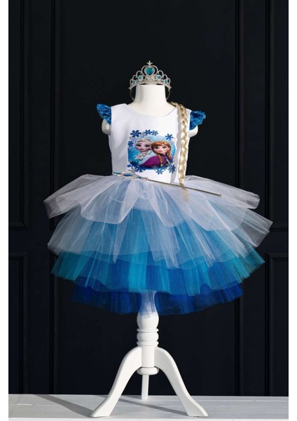 Kız Çocuk Prenses Anna Elsa Baskılı Beyaz Doğum Günü Elbisesi ve Parti Kostümü Seti