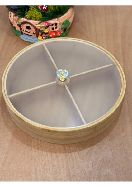 Bambu 4 Bölmeli Döner Kahvaltılık ve Çerezlik 25 cm Akrilik Kapaklı