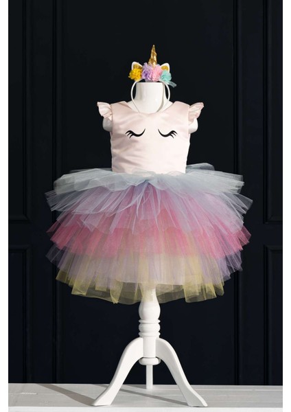 Şirin Kız Çocuk Unicorn Baskılı Pembe Doğum Günü ve Parti Elbisesi Seti