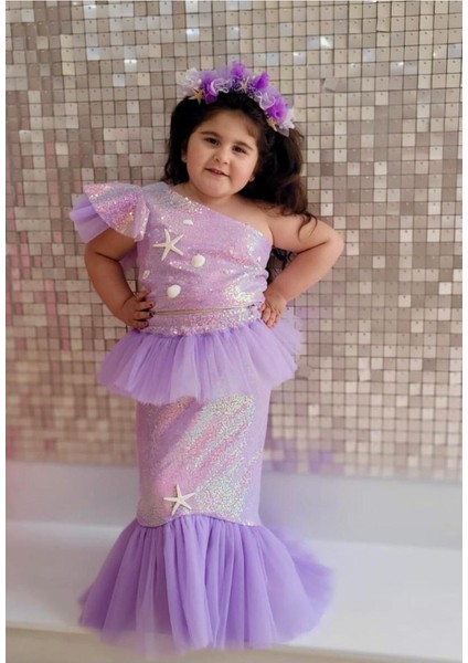 Mor Deniz Kızı Temalı Kız Çocuk Elbisesi, Doğum Günü ve Kutlama Için Renkli Seçenek