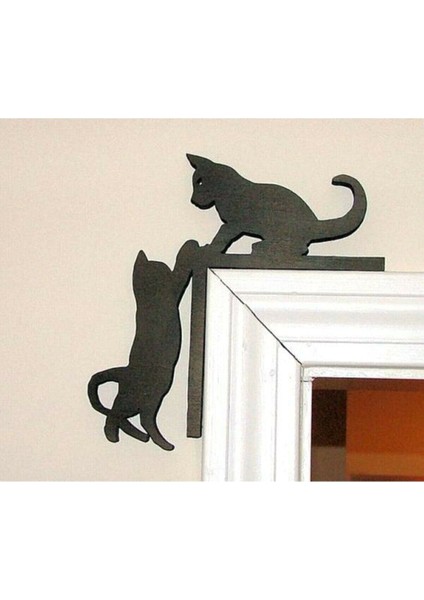Ahşap Kedi Tasarımlı Kapı Köşeliği, 35X35 Cm, Siyah Duvar Dekoru