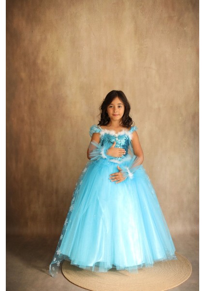 Mavi Elsa Frozen Temalı Elbise, Karlar Kraliçesi Tarzında Çocuk Kıyafeti