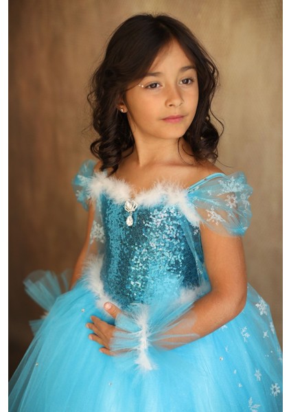 Mavi Elsa Frozen Temalı Elbise, Karlar Kraliçesi Tarzında Çocuk Kıyafeti modelleri