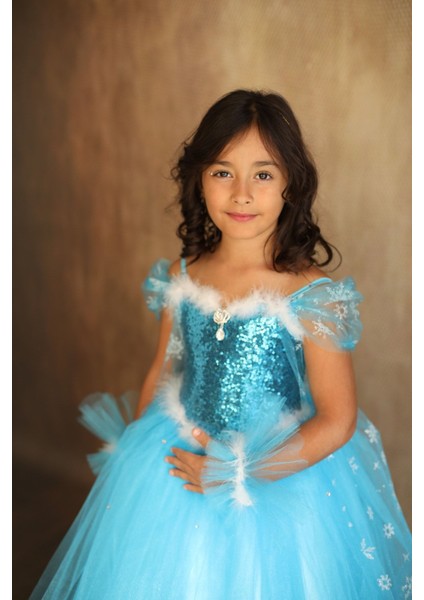 Mavi Elsa Frozen Temalı Elbise, Karlar Kraliçesi Tarzında Çocuk Kıyafeti