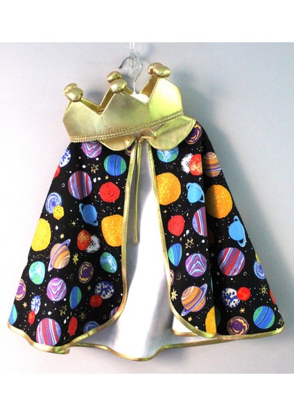 Galaksi Temalı Kostüm, Pelerin ve Taç Seti, Siyah, Eğlenceli ve Renkli Giyim Seti