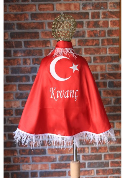 Kına Pelerini ve Eldiveni Seti, Kırmızı, Kişiye Özel Isim Baskılı, Tüylü, Ay Yıldızlı