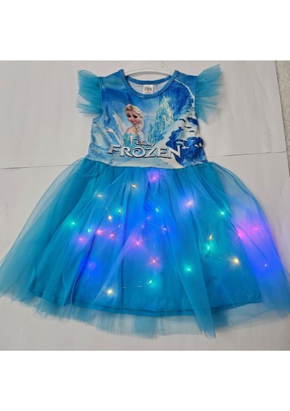 Parlak LED Işıklı Elsa Figürlü Mavi Tütü Elbise, Astarlı, Prenses Tarzı
