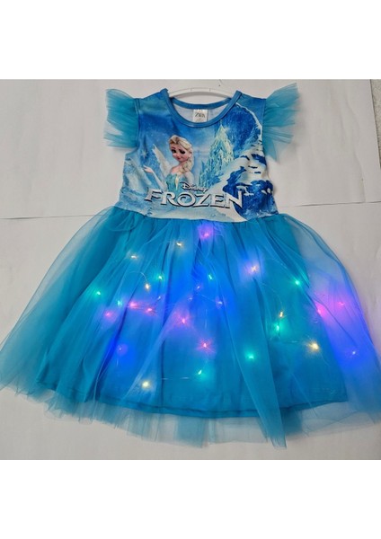 Parlak LED Işıklı Elsa Figürlü Mavi Tütü Elbise, Astarlı, Prenses Tarzı fiyatları