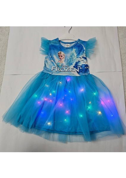 Parlak LED Işıklı Elsa Figürlü Mavi Tütü Elbise, Astarlı, Prenses Tarzı modelleri