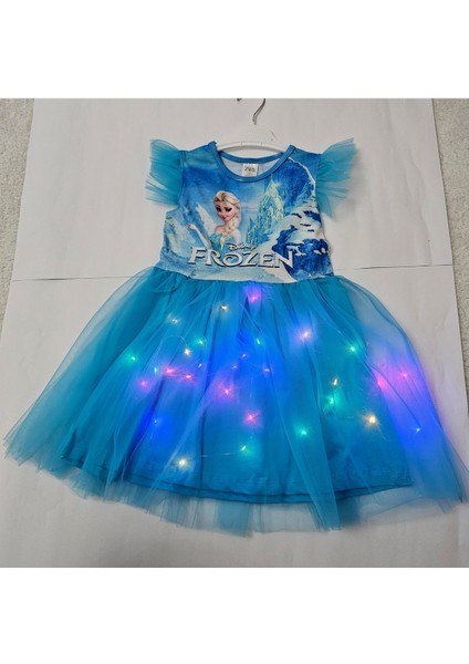 Parlak LED Işıklı Elsa Figürlü Mavi Tütü Elbise, Astarlı, Prenses Tarzı fırsatları