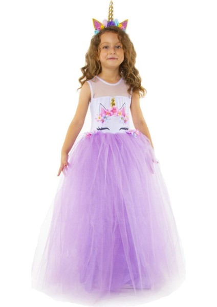 Mor Renkli Kabarık Unicorn Kız Çocuk Elbisesi, Şık ve Eğlenceli Seçenek