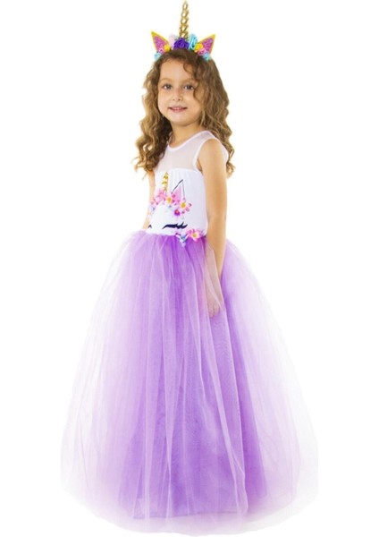 Mor Renkli Kabarık Unicorn Kız Çocuk Elbisesi, Şık ve Eğlenceli Seçenek fiyatları