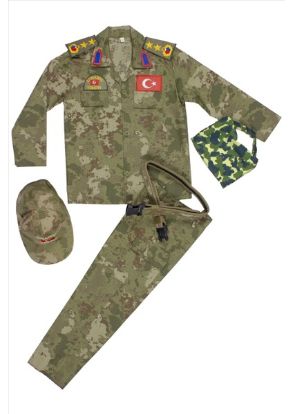 Renkli Uzun Kollu Çocuk Asker Kostüm Takımı, Kamuflaj Desenli, Eğlenceli ve Şık