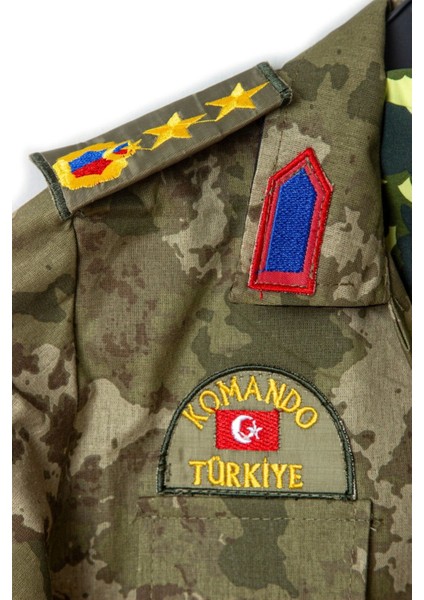 Renkli Uzun Kollu Çocuk Asker Kostüm Takımı, Kamuflaj Desenli, Eğlenceli ve Şık