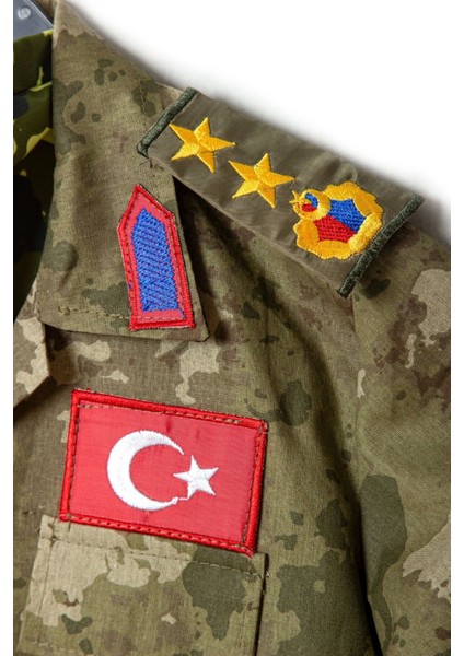 Renkli Uzun Kollu Çocuk Asker Kostüm Takımı, Kamuflaj Desenli, Eğlenceli ve Şık