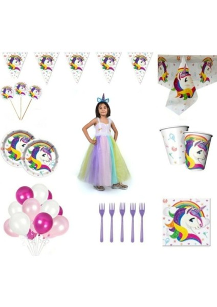 8 Kişilik Unicorn Temalı Doğum Günü Parti Seti, Beyaz Renk