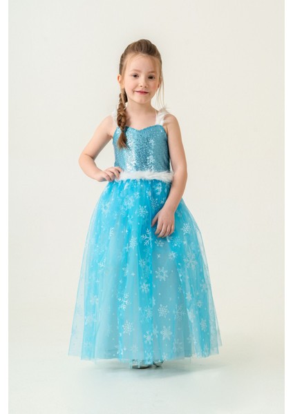 Kabarık Mavi Kız Çocuk Elbise, Buz Kraliçesi Kostüm, Eğlenceli ve Renkli Tasarım