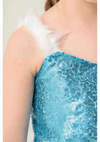 Kabarık Mavi Kız Çocuk Elbise, Buz Kraliçesi Kostüm, Eğlenceli ve Renkli Tasarım