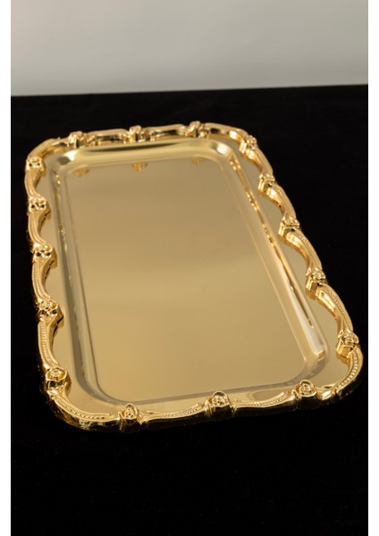 Gold Gül Detaylı Çerçeveli Sunum Tepsisi | 33X18 cm Paslanmaz Çelik Lüks Kahve Tepsisi fiyatları