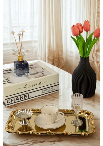 Gold Gül Detaylı Çerçeveli Sunum Tepsisi | 33X18 cm Paslanmaz Çelik Lüks Kahve Tepsisi fırsatları