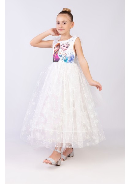 Kız Çocuk Tüllü Doğum Günü ve Partili Prenses Elbisesi, Beyaz
