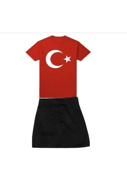 Kız Çocuk Kısa Kollu Atatürk Baskılı Tişört ve Keten Etek Takım, Okul ve Gösteri Için