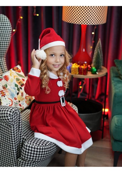 Kız Çocuk Noel Kostümü, Kırmızı, Sevimli ve Renkli Parti Kostümü