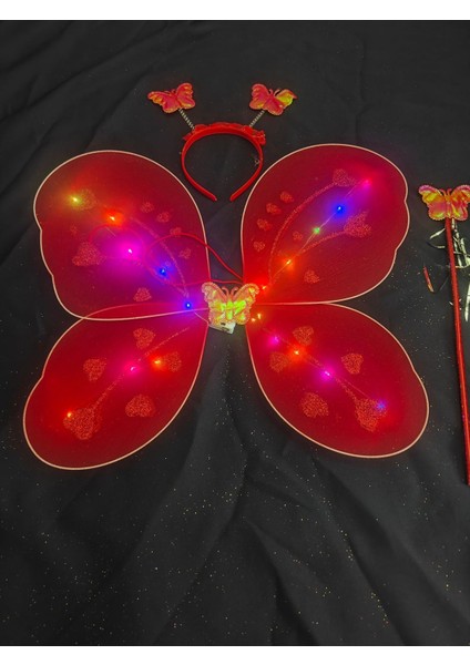 Kırmızı LED Kelebek Kanat Seti, Taç ve Değnekli, Çocuk Kostümü