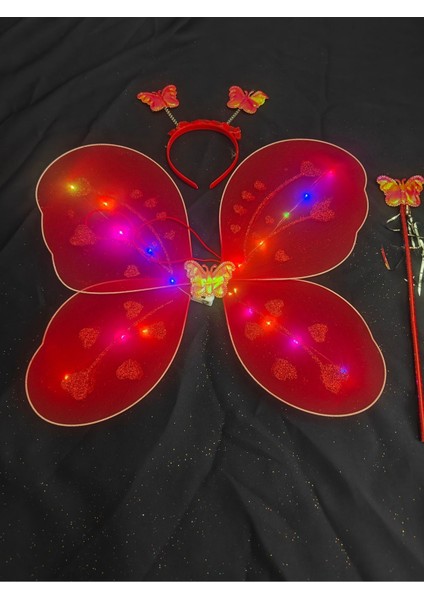 Kırmızı LED Kelebek Kanat Seti, Taç ve Değnekli, Çocuk Kostümü fiyatları