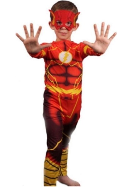 Kırmızı Erkek Çocuk Flash Kostüm, Maskeli, Eğlenceli ve Renkli Tasarım