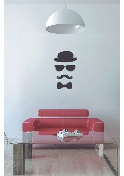Siyah Şapka, Gözlük, Bıyık ve Papyon Dekor Seti, Duvar Süsü, Eğlenceli Tasarım