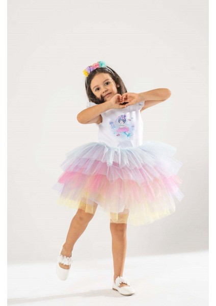 Deniz Kızı Temalı Kız Çocuk Elbisesi ve Parti Kostümü, Beyaz, Hediyeli