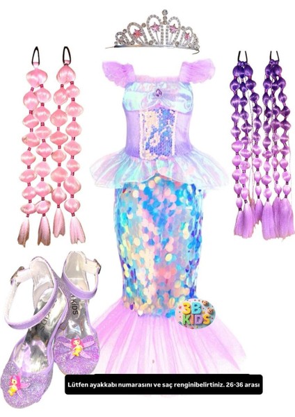 Renkli Deniz Kızı Kostüm Seti, Elbise, Saç Aksesuarı ve Ayakkabı ile Şıklık Sağlar