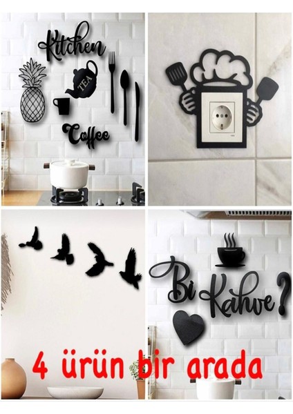 9 Parça Mutfak Seti, Priz, Kahve ve Kuş Duvar Dekoru Paketi