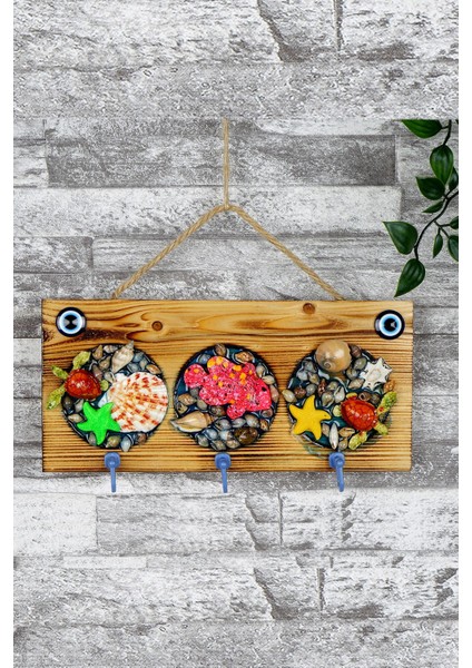 Renkli Ahşap Dekoratif Anahtarlık, 3 Kancalı, Şık ve Zarif Tasarım