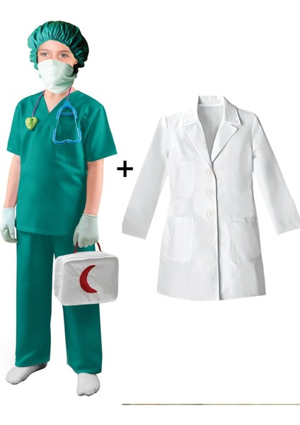 Erkek Çocuk Doktor Kostümü, Beyaz Önlük ve Yeşil Üniforma, Eğlenceli ve Rahat Set.
